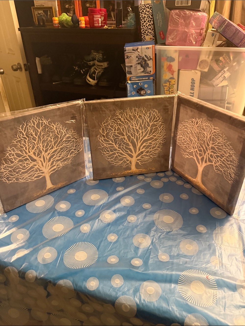 Metallic Gold Tree Triptych Canvas Wall Art - Neutral Tones 12in x 12in